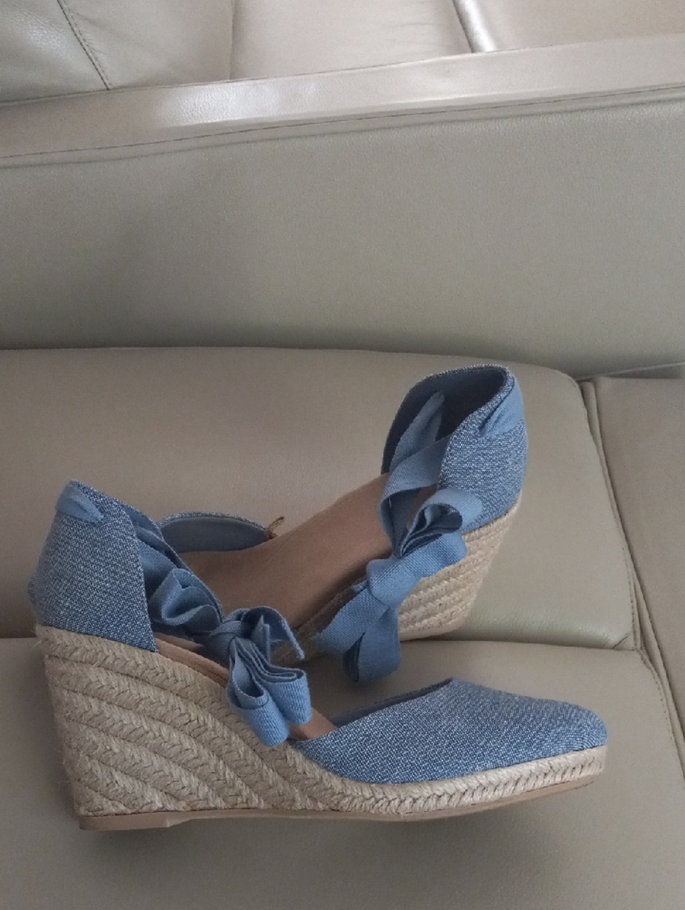 Blue Denim Espadrille Wedge Sandals with Tie Detail - Women Sz 7